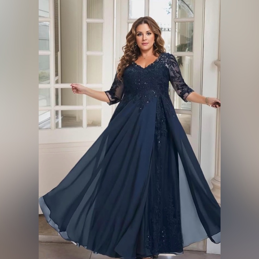 Navy Sparkly Sequin Chiffon embroidered MOB/MOG for Wedding 3/4 sleeves 20W